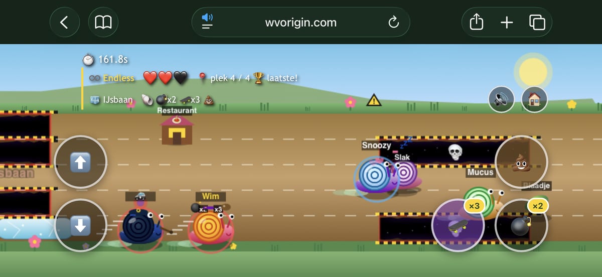 Snail Racer in-game: four snails racing on the Ice Rink level, dodging bombs, skateboards and leaves.